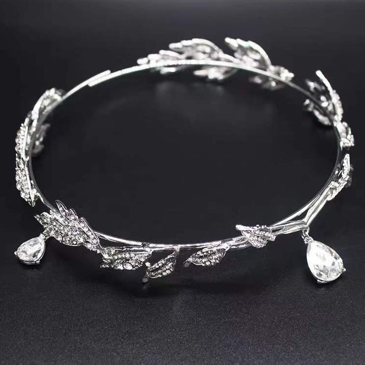 Corona Mori hojas gota de agua llena de diamantes nupcial frente decoración ceja gota Rhinestone boda tocado completo diamante corona diadema