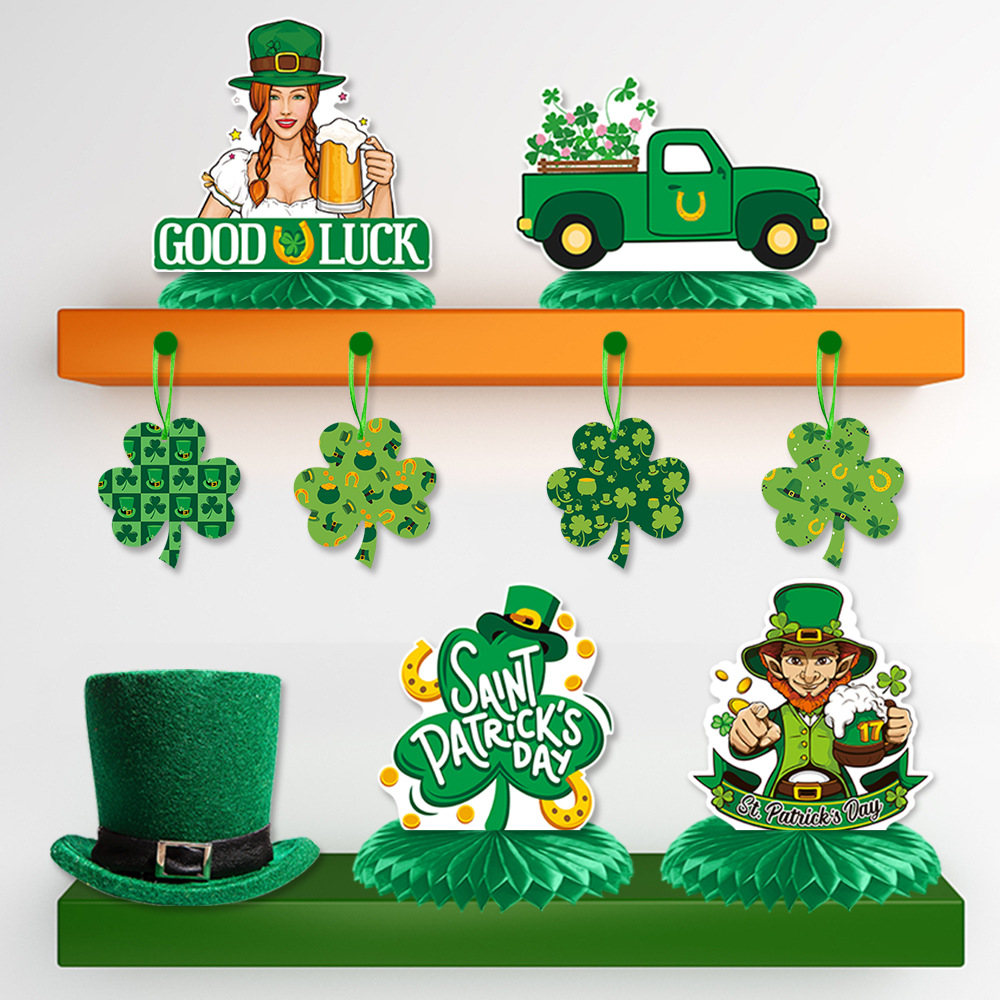 Nuevo día de San Patricio decoración de escritorio fiesta irlandesa trébol oro moneda panal Decoración