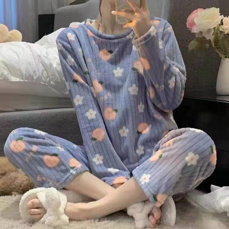 秋冬季珊瑚绒睡衣套装女加绒加厚家居服时尚可外穿法兰绒开衫睡袍|undefined