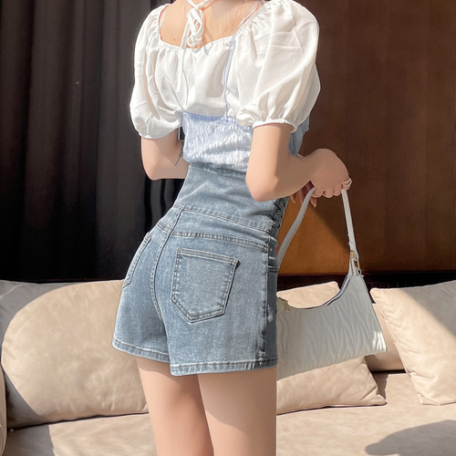 Women's thin elastic straight-leg denim shorts with high-waist, single-breasted button, fashionable wide-leg summer pants