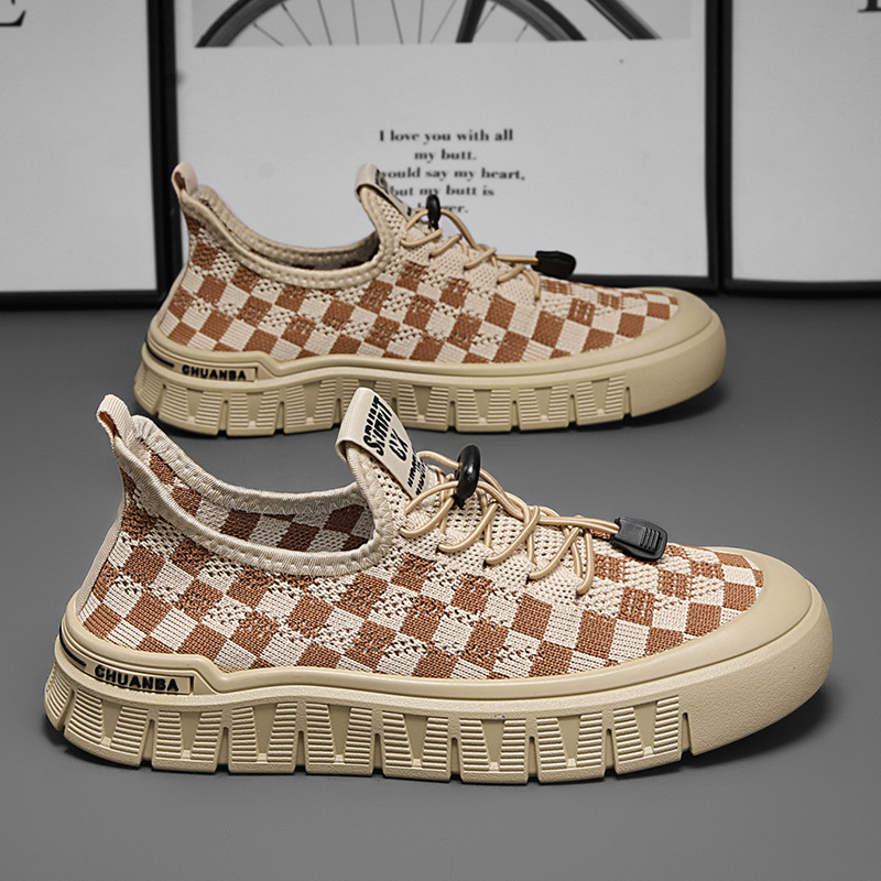 2025 primavera nuevos zapatos de malla de corte bajo para hombres, zapatos deportivos casuales de tejido volador, zapatos de hombre para estudiantes de todo fósforo de moda