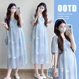 Pregnant Women's dress Summer 2025 New Fashion Loose plus size French Sweet Chiffon Long Dress Summer Pregnant Women's Dress