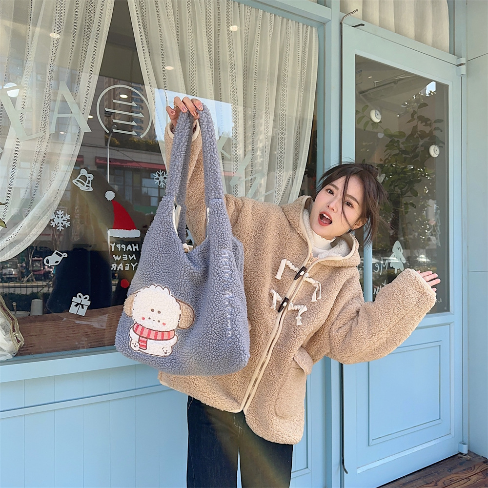 312201 Korean version ins Autumn/Winter Collection, fluffy single-shoulder bag, cute female dog embroidered large capacity tote bag undefined