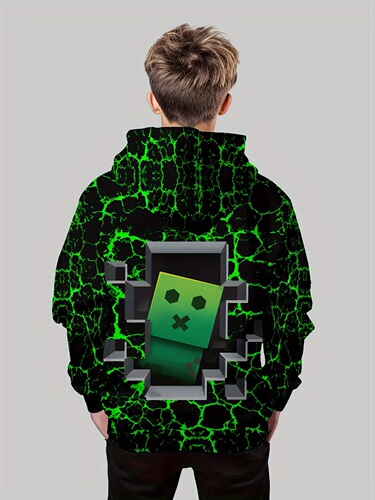 Boys 'trendy green checkered print hoodie, long-sleeved comfortable micro-elastic hooded hoodie, spring, autumn and winter