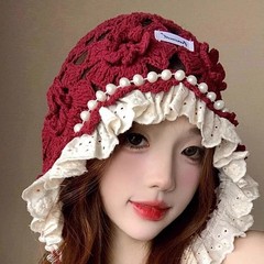 红色针织帽子女2025新款波西米亚风镂空花朵包头帽珍珠流苏套头帽
