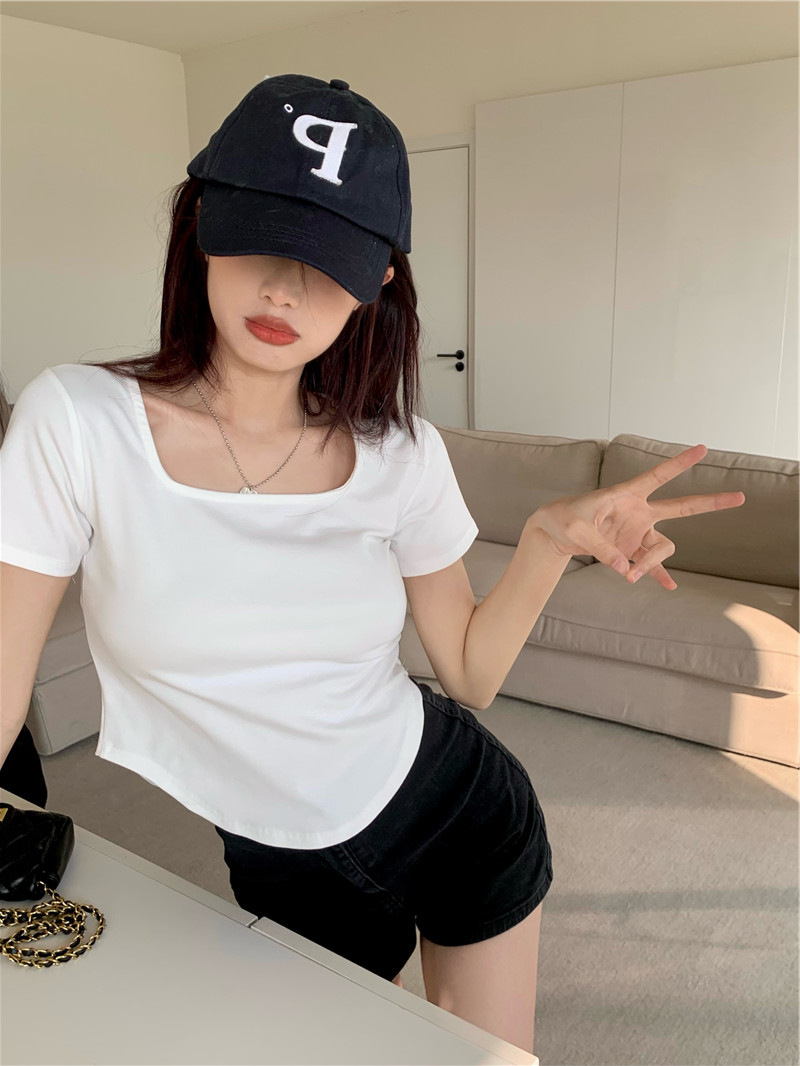 175g Weight Short Sleeve Sleeve Length Polyester Fabric Type Short Top Length T-shirt Tops Type Casual, Daily Occasion Square Neck Neckline Slim Fit Type Solid Color Pattern Summer, Spring, Autumn Season Women's Gender Casual, Simple Style Style Wholesale Women's Casual Simple Style Solid Color Short Sleeve T-Shirts 17