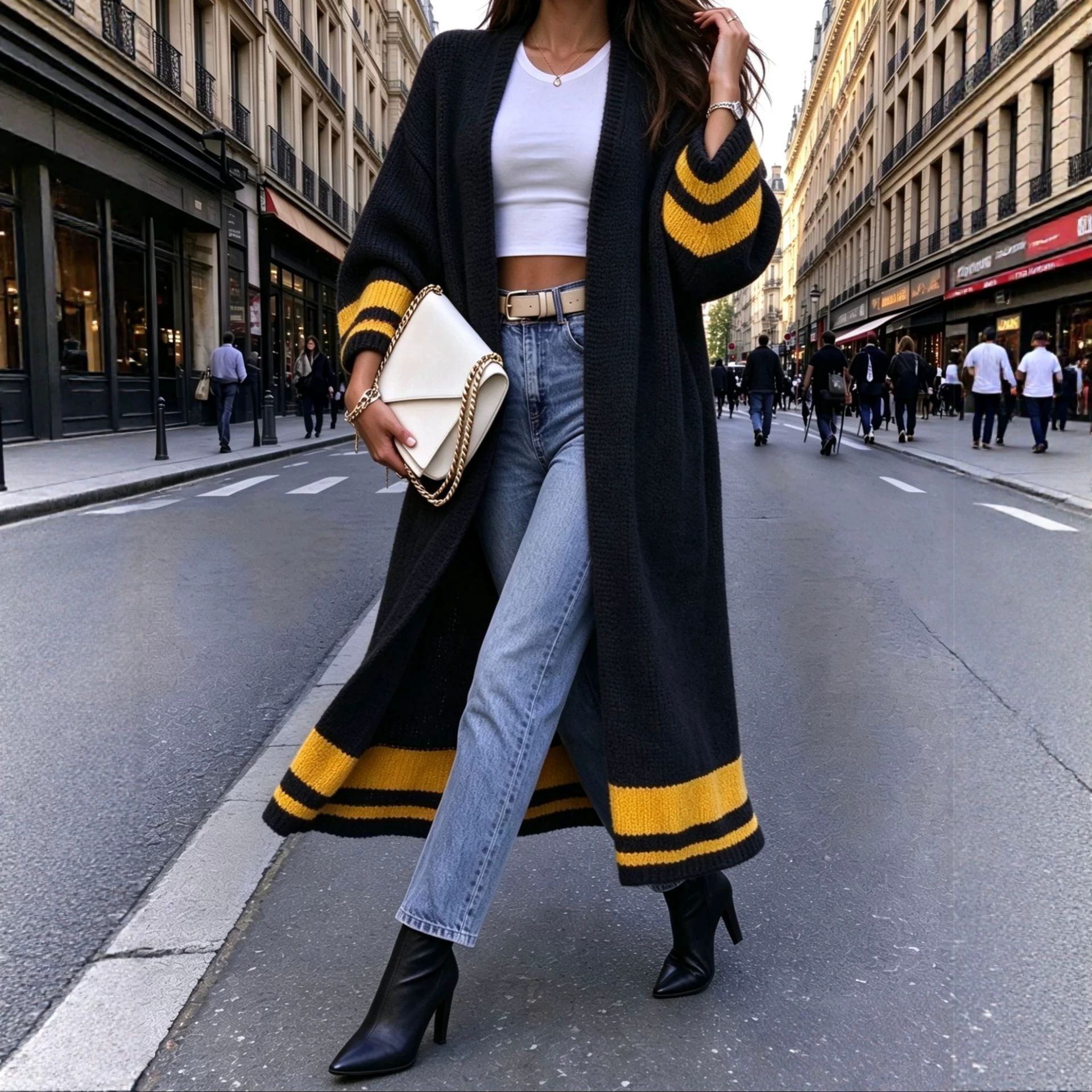 2026 Autumn and Winter New Cross-Border European and American Women's Knitted Sweater Striped Long Cardigan Sweater Long Coat