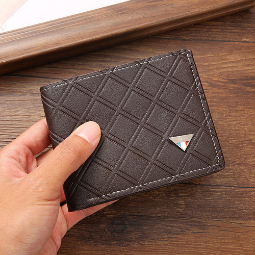 New men's wallet short wallet men's youth fashion casual plaid multi-card slot thin soft leather wallet coin purse