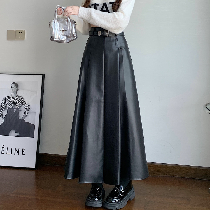 PU皮半身裙女2025秋季新款百搭大摆皮裙中长a字裙遮胯显瘦皮长裙|undefined