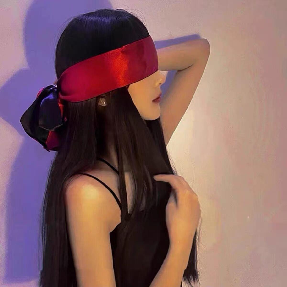 Silky Ribbon Eye Mask with Hand-Tied Bow, Light-Blocking Blindfold, Black and Red — detail image 3
