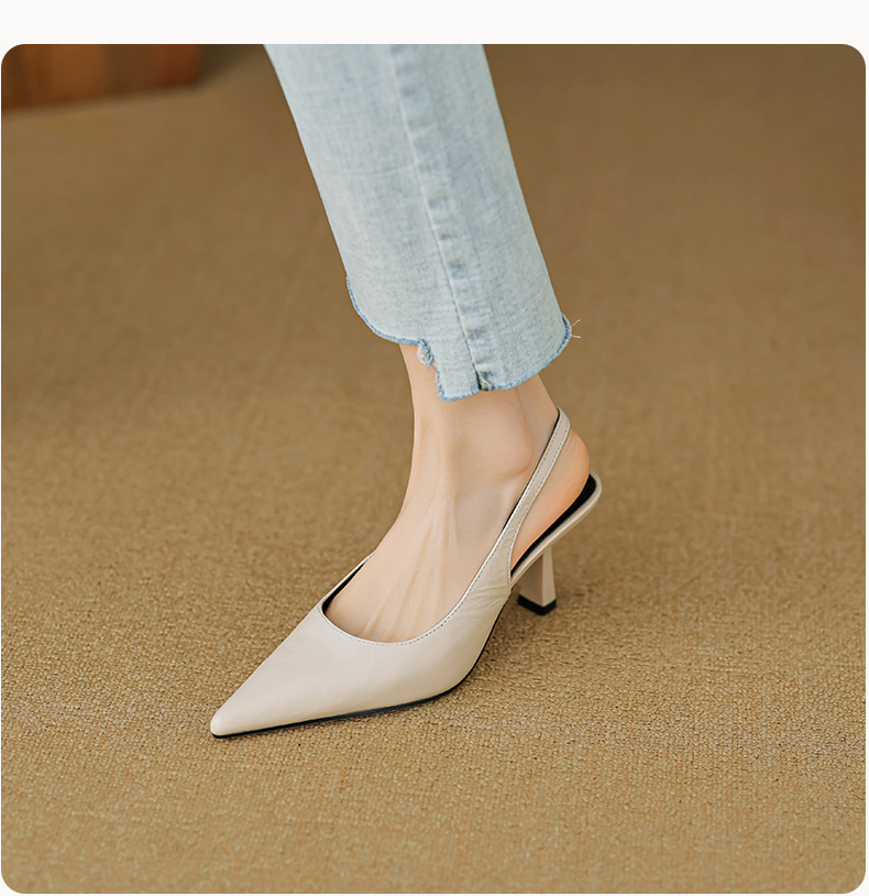 Sandal cao gót nữ mũi nhọn hở gót, da cừu, phong cách Hàn Quốc đơn giản — đen chi tiết 12