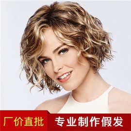 欧美 玫瑰网wig新款女士侧分短卷发蓬松时尚金棕混色梨花卷发假发