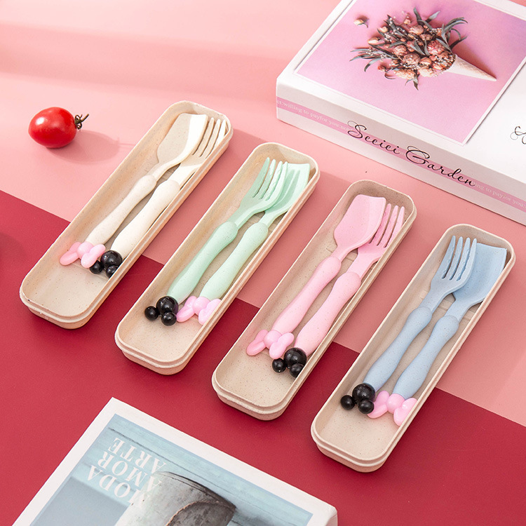 Cross-border dedicated wheat straw children's tableware suit student cute spoon Fork tableware two-piece set printed logo