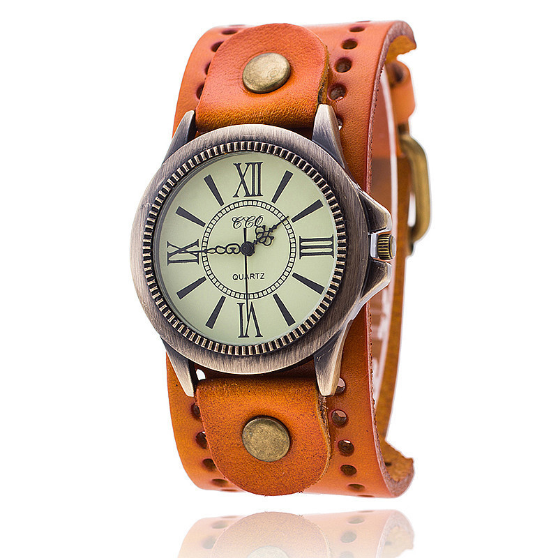 Hot selling punk cowhide watch, antique bronze Roman face quartz watch_voghion.com