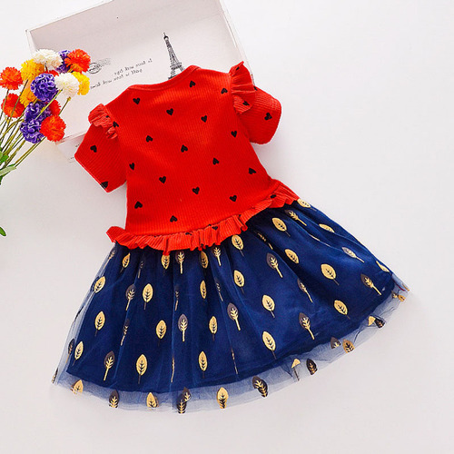 Children's dress spring and autumn fashion new children's clothing girls' spliced flower net skirt baby love princess skirt 