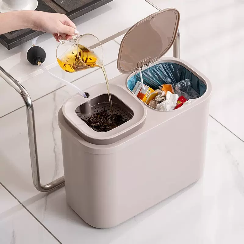 家用客厅弹盖茶水桶茶渣桶办公室茶具废茶水干湿分离双格垃圾桶