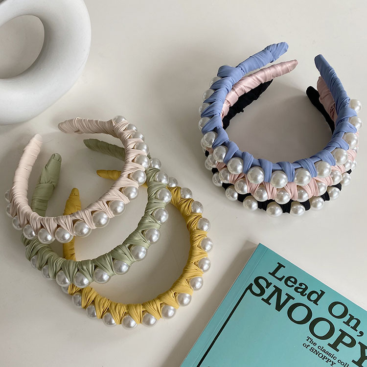 130g Weight Headwear Classification Housewarming, Anniversary, Business, Wedding, Travel, Birthday, Festival Occasion Plaid, Waves Pattern Women'S Gender Fashion Style Beige, Pink, Green, Blue, Yellow, Black Color Korean Winding Pearl Woven Headband Wholesale 4