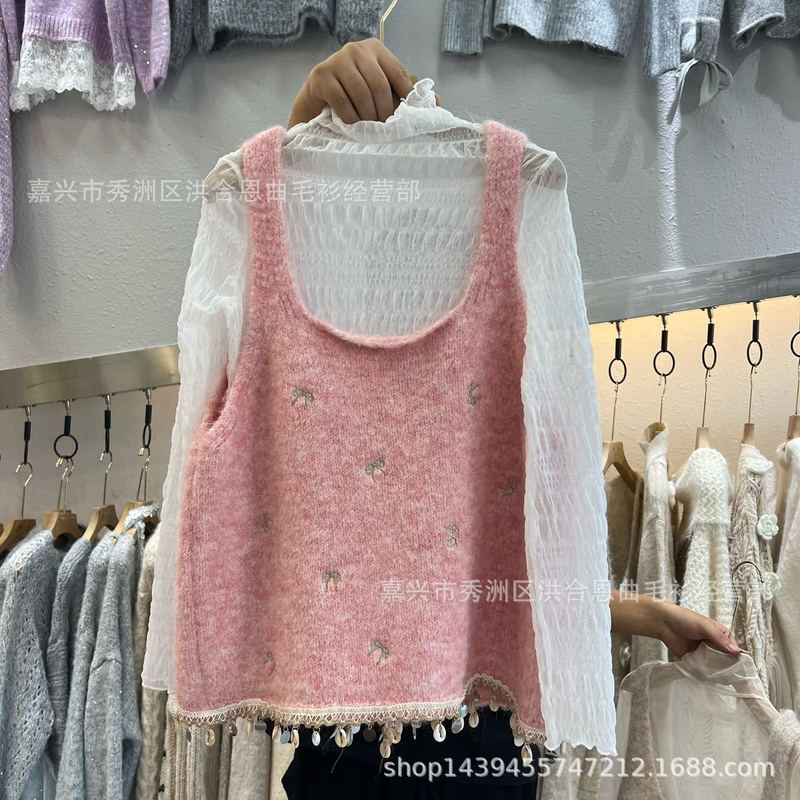 大码胖mm秋季新款前后两穿系带蝴蝶结马甲针织背心宽松显瘦上衣女|undefined