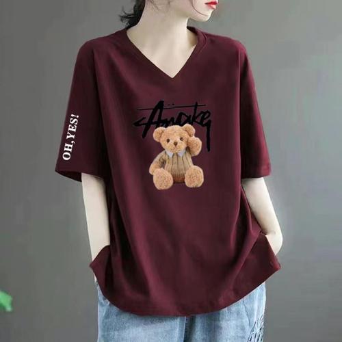 Clearance Short Sleeve Women's T-shirt V-neck Summer Loose Plus Size Mom Slimming Round Neck Printed 100% Cotton Top