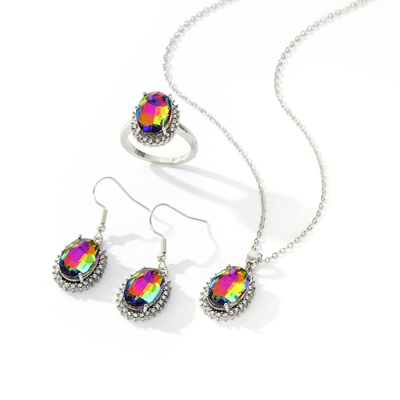 Yun Brocade transfronterizo explosión elíptica imitación de zircon conjunto superbrillo anillo pendientes collar joyas conjunto de joyas al por mayor