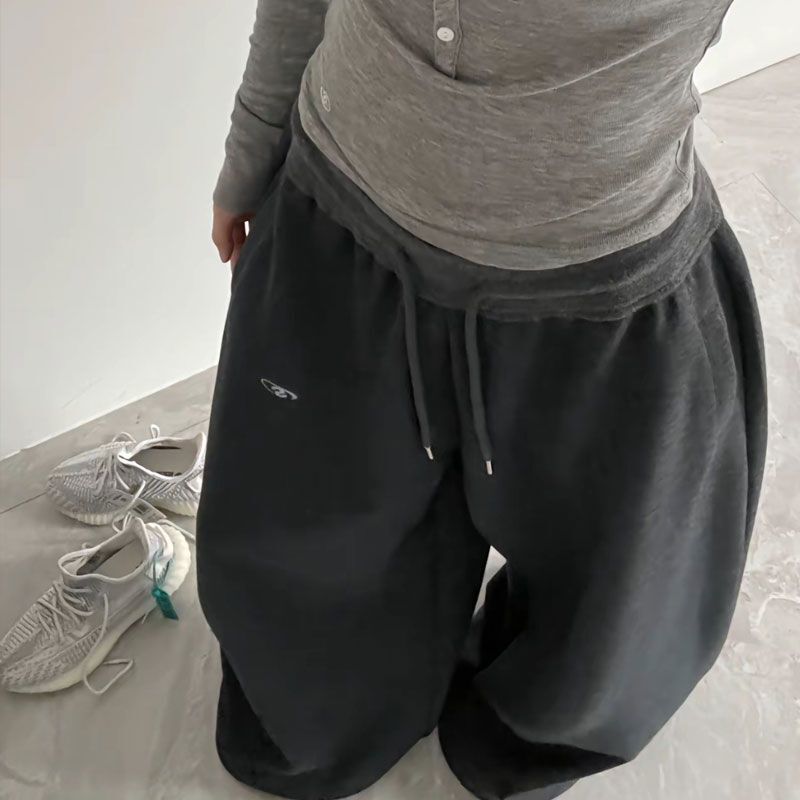 2025春秋ins复古美式慵懒风刺绣宽松螺纹拼接阔腿休闲跳舞卫裤潮|undefined