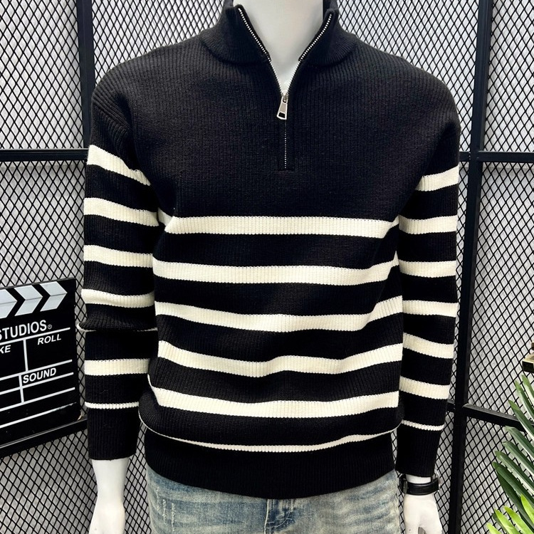 Japanese Retro Black and White Color-Block Striped Sweater Men's Winter Lazy Style Knit American Trendy Half-Zip Jacket Japanese Retro Black and White Color-Block Striped Sweater Men's Winter Lazy Style Knit American Trendy Half-Zip Jacket