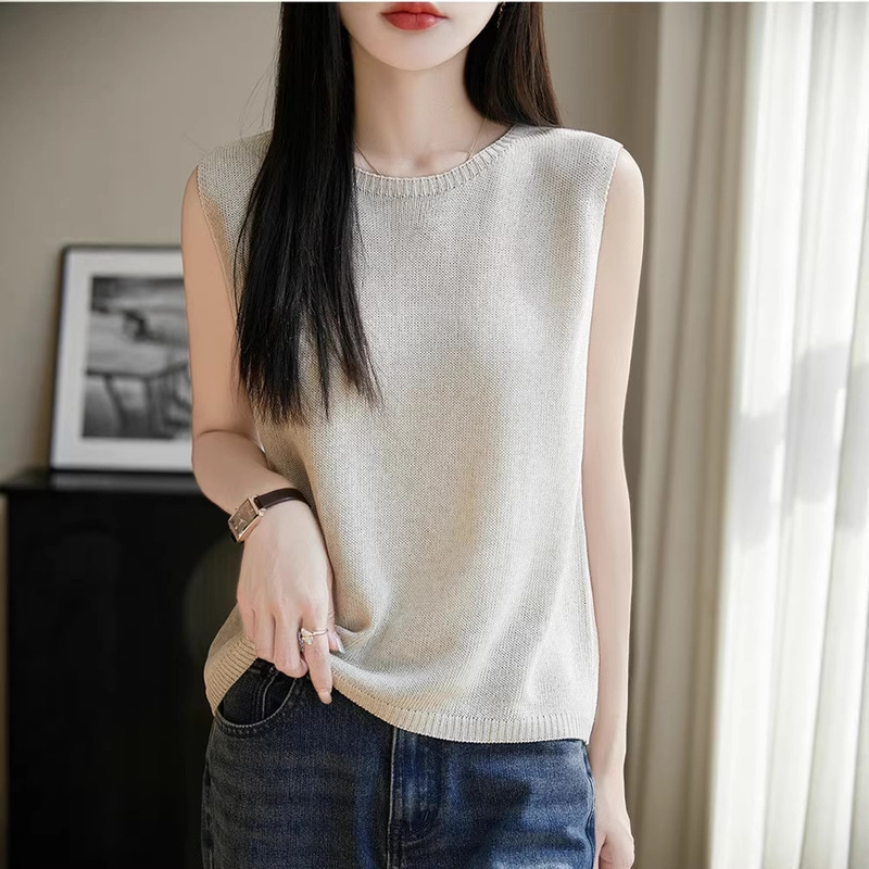 Linen Round Neck Sleeveless Vest for Women, New Summer Style, Solid Color Outerwear, Short Knitted Bottoming Shirt, Stylish and Fashionable