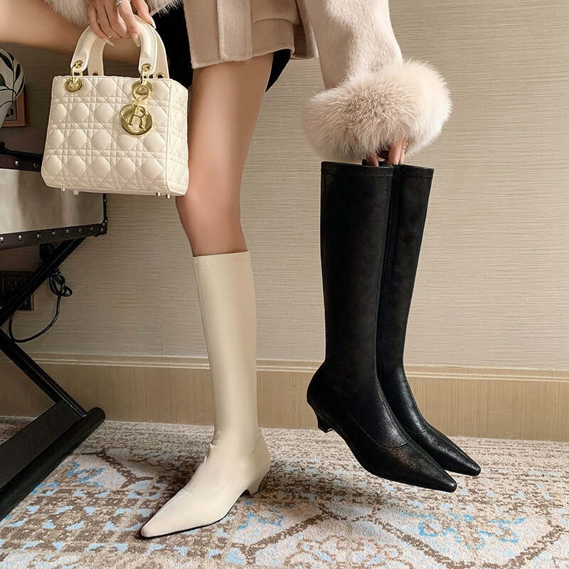 Elegant Pointed-Toe Kitten Heel High-Tube Riding Boots, Stretchy Slim-Fit Boots, Large Size, Below the Knee, Korean Style, White Long Boots