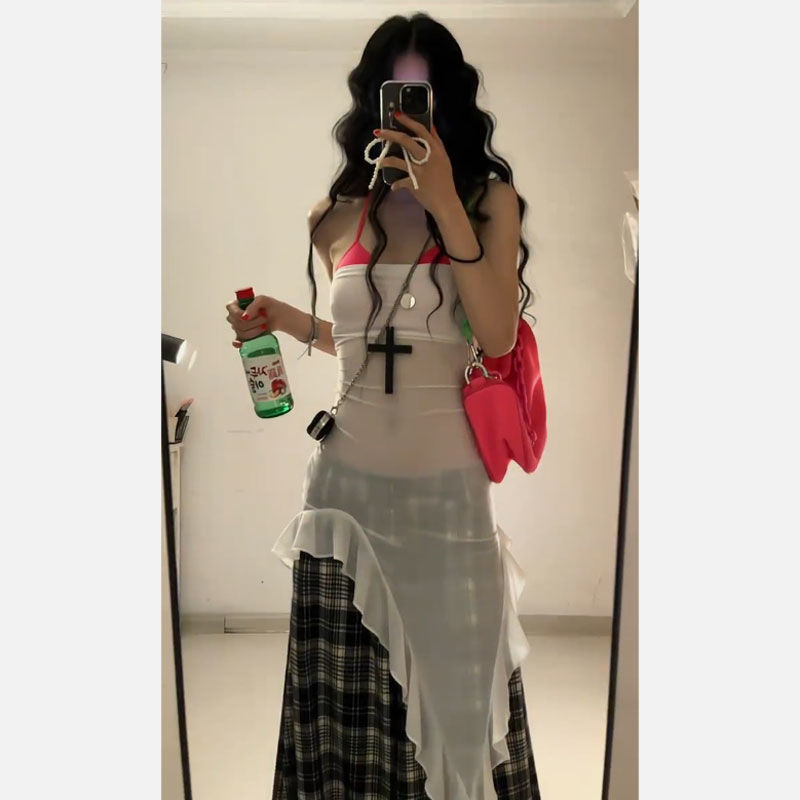 泰式不規則荷葉邊微透抹胸連衣裙女2025夏季新款辣妹裝性感上衣