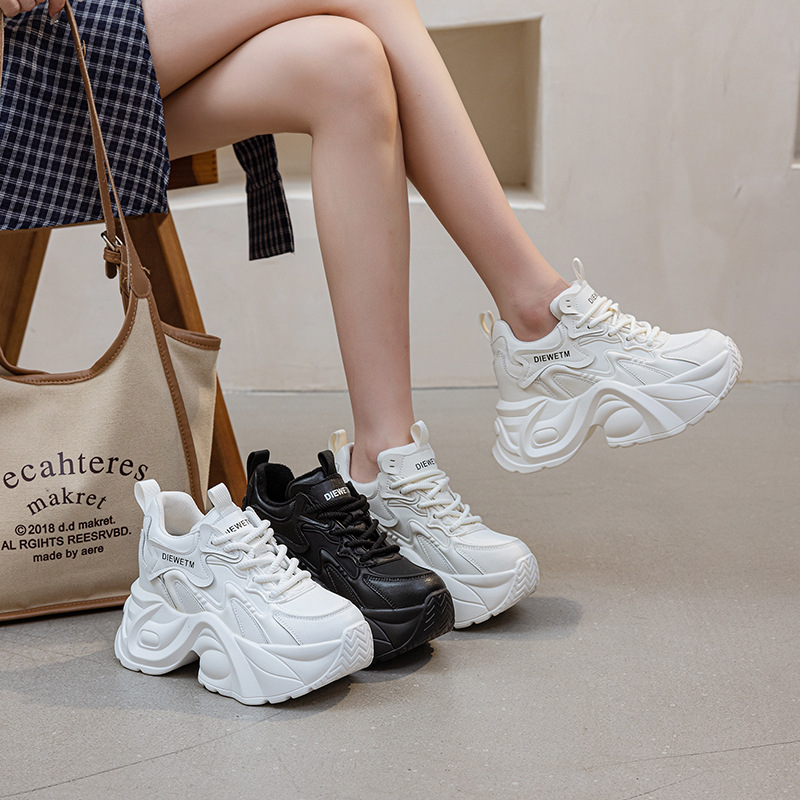 10cm Sports Style Dad Shoes for Women, 2026 Autumn New Versatile Casual Shoes, Solid Color Lace-Up Style, Thick-Soled White Sneakers