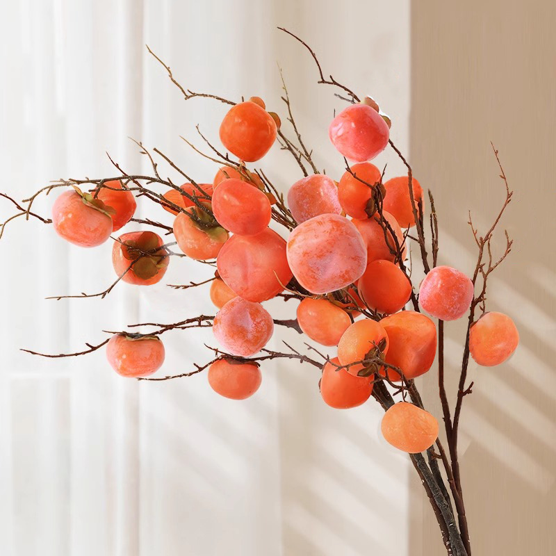 Simulation Persimmon Fruit Branch Persimmon Ruyi Ornaments Flower arrangement High-grade New Year's Eve Plastic Fake Dried Flower bouquet Living room ornaments