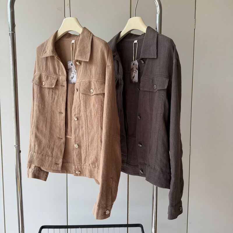 Original Ecological 100 Linen Lining Piping Process! Lapel Multi-Button Lightweight Loose Short Jacket for Women Autumn