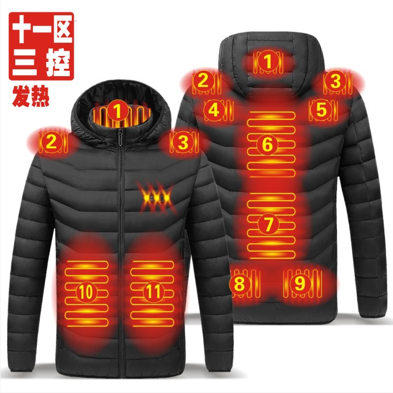 Cross-Border Three-Control Heating Cotton Coat, Intelligent Constant Temperature Heating Cotton Coat for Men and Women, Solid Color Hooded Heated Warm Cotton Coat