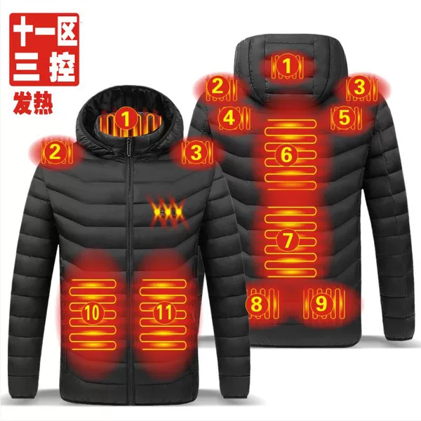 Cross-Border Three-Control Heating Cotton Coat, Intelligent Constant Temperature Heating Cotton Coat for Men and Women, Solid Color Hooded Heated Warm Cotton Coat