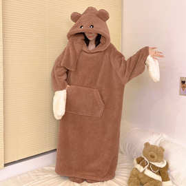 可爱小熊连帽珊瑚绒睡衣冬季毛绒宽松睡袍家居服防风保暖长睡裙