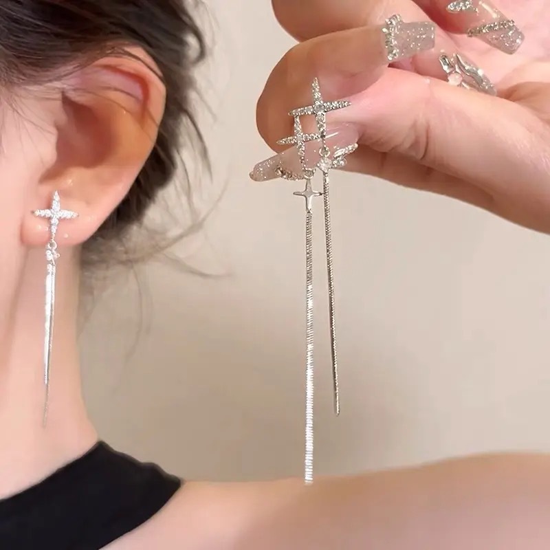 Irregular cross star tassel stud earrings
