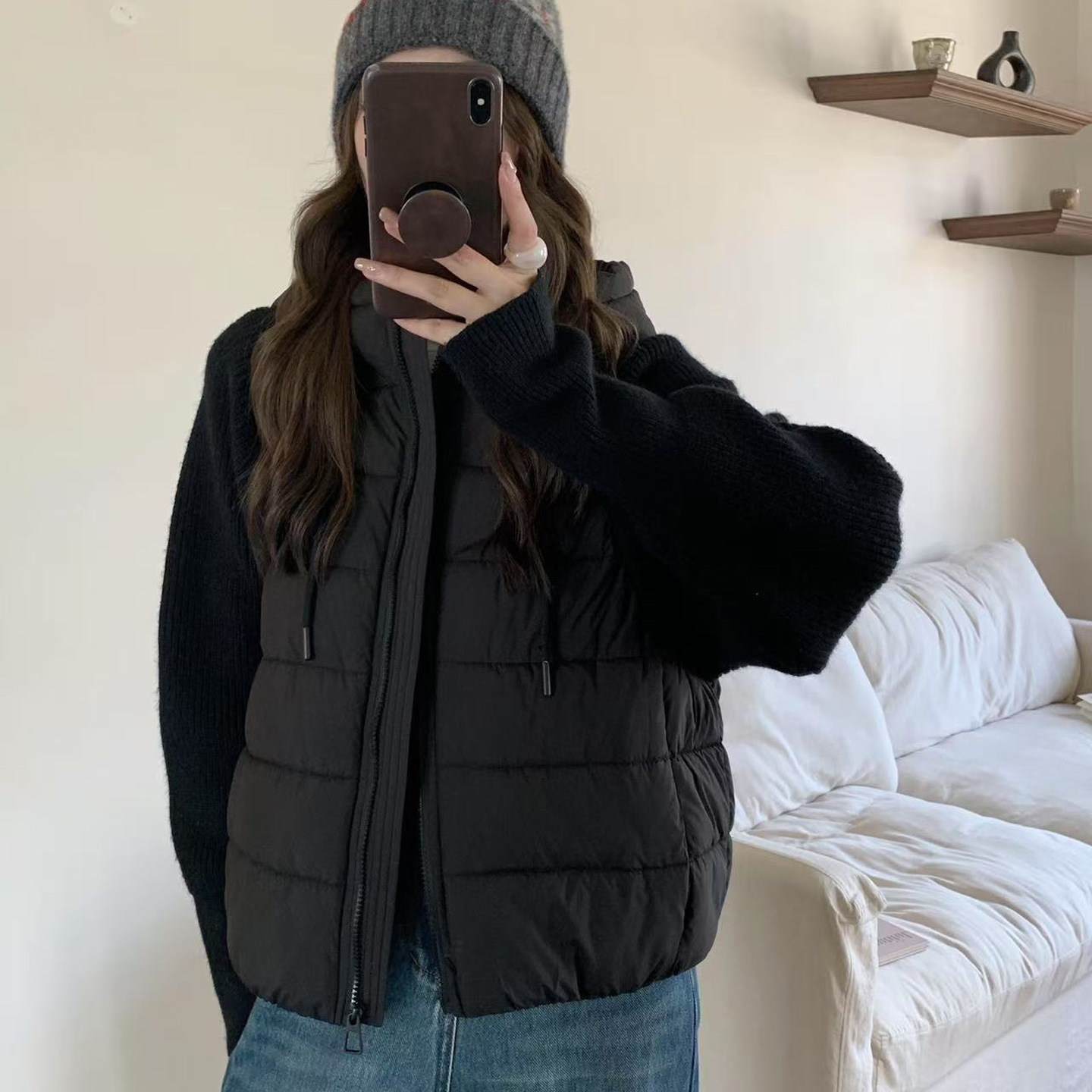 ニットウール袖付き新型ショート丈コットンコート レディース 秋冬 オーバーサイズ フード付き厚手ジャケット パンコート