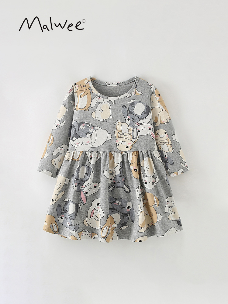 Malwee niñas vestidos de otoño para niños europeos y estadounidenses nuevos cuello redondo mangas largas falda impresa de aire extranjero