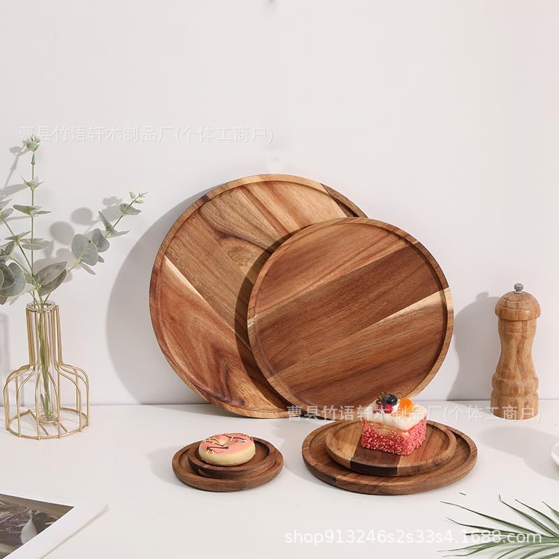 Acacia Wood Round Wooden Tray, Wooden Dinner Plate, Solid Wood Dinner Plate, Tea Coaster, Household Small Wooden Dish, Dipping Sauce Dish