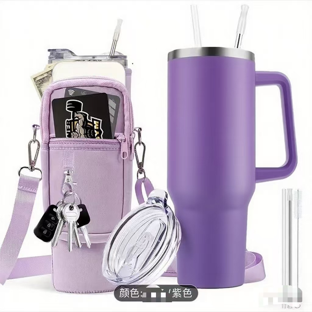 보라색 + 가방 + 스테인리스 빨대 세트