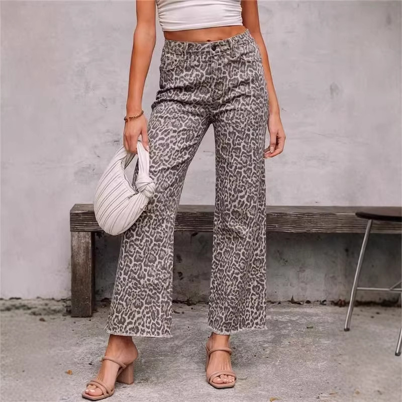 Summer New Style European and American Fashion Personality Trendy Leopard Print Straight-Leg High-Waisted Frayed Jeans for Women Summer New Style European and American Fashion Personality Trendy Leopard Print Straight-Leg High-Waisted Frayed Jeans for Women