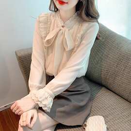 蝴蝶结雪纺衬衫女外穿小众钉珠温柔风长袖衬衣法式洋气套头上衣