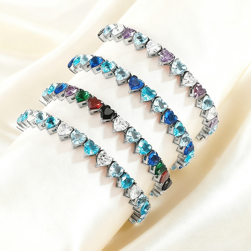 European and American Cross-border Titanium Steel Micro-inlaid Heart-shaped Color Zircon Bracelet Women's Adjustable Intermediate Color Full Diamond Tennis Chain Bracelet
