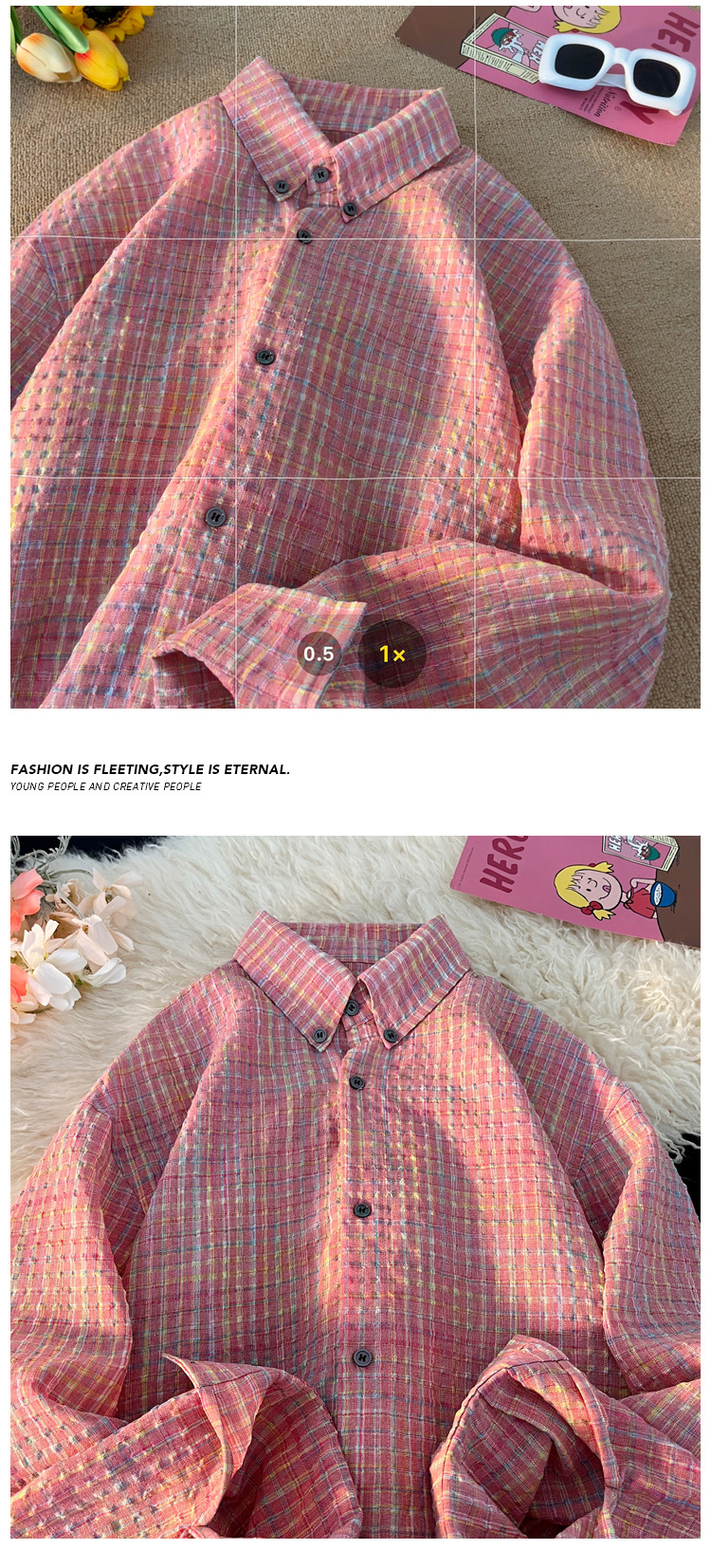 Checked Bubble Gauze Long Sleeve Shirt For Men Retro Style_voghion.com