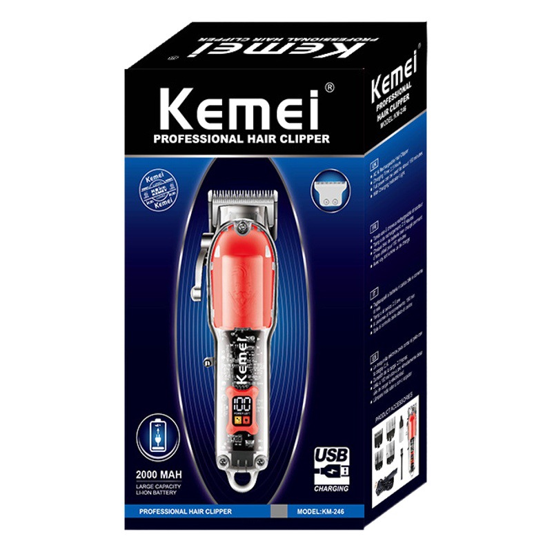 Kemei cortadora eléctrica KM-246 cuerpo transparente cabeza de aceite talla Clipper LCD pantalla digital profesional cortadora de cabello