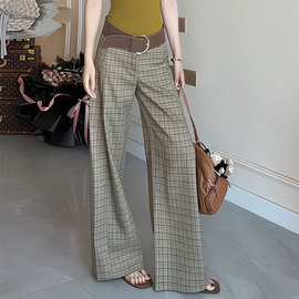 设计感低腰显瘦格纹百搭直筒裤女气质宽松垂感阔腿长裤呢子撞色