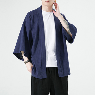 2023 Summer New Men's Cotton and Linen Cardigan Robe Coat Hanfu Japanese Style Solid Color Loose Cotton and Linen Short Sleeve Coat