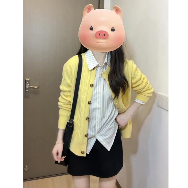 黄色针织衫女开衫春秋新款韩系慵懒风外搭毛衣短款高级感秋季上衣|undefined