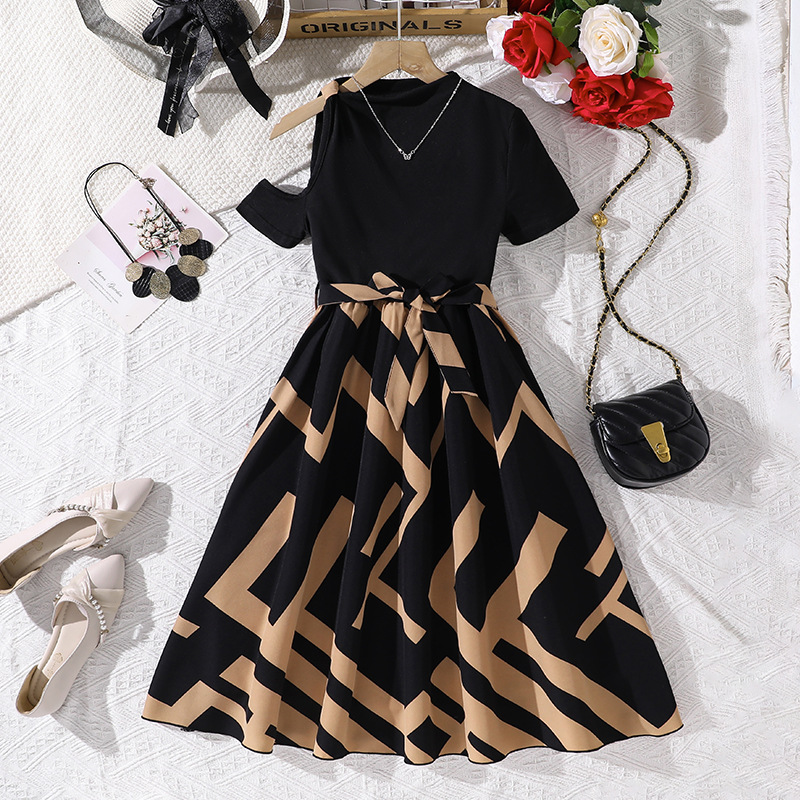 Girls' Elegant Long Dress Summer Fashion Print Off Shoulder Short Sleeve Waist Cinching New_voghion.com