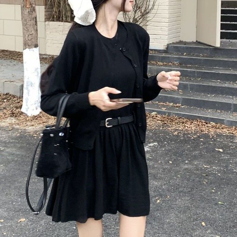 温柔气质韩系套装女秋冬季新款纽扣宽松开衫高腰针织背心裙两件套|undefined